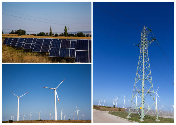 istock Renewable electricity concept Solar Panels, Windmills and Pylon 1034512562