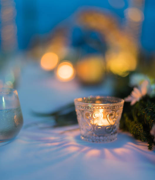 istock Dining table decorated with beautiful candles at the wedding ceremony. 1034515686