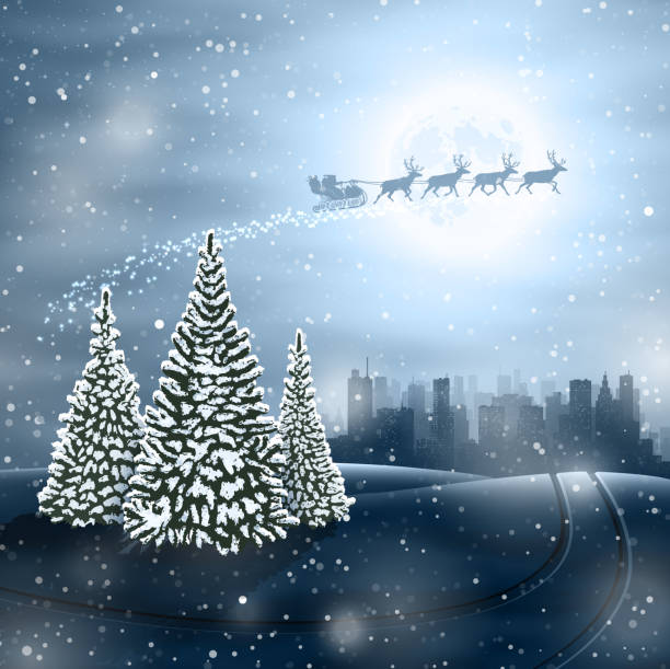 ilustrações de stock, clip art, desenhos animados e ícones de christmas view with santa's sleigh and city at night - overnight delivery illustrations