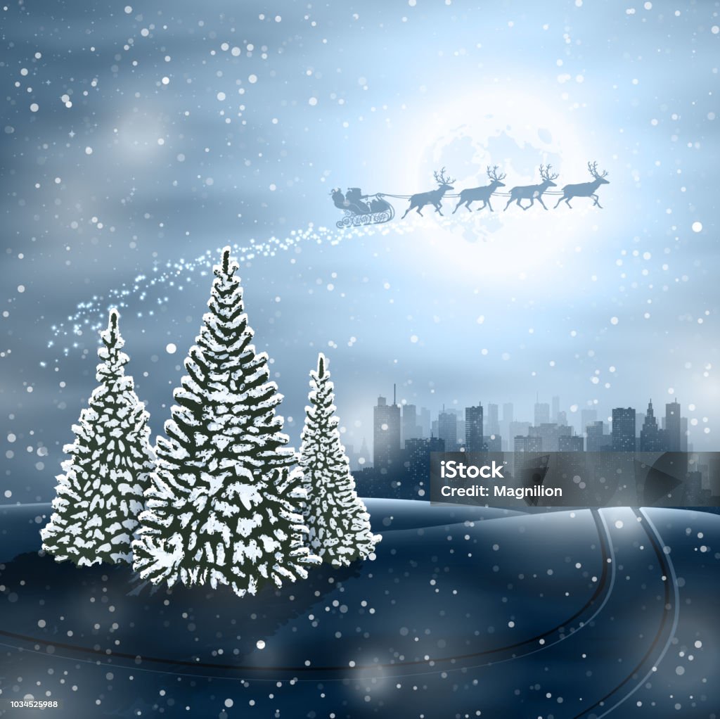 Christmas View with Santa's Sleigh and City at Night Snowy winter landscape with Santa sleigh, full moon, Christmas trees and a big city on the horizon. Vector illustration. City stock vector