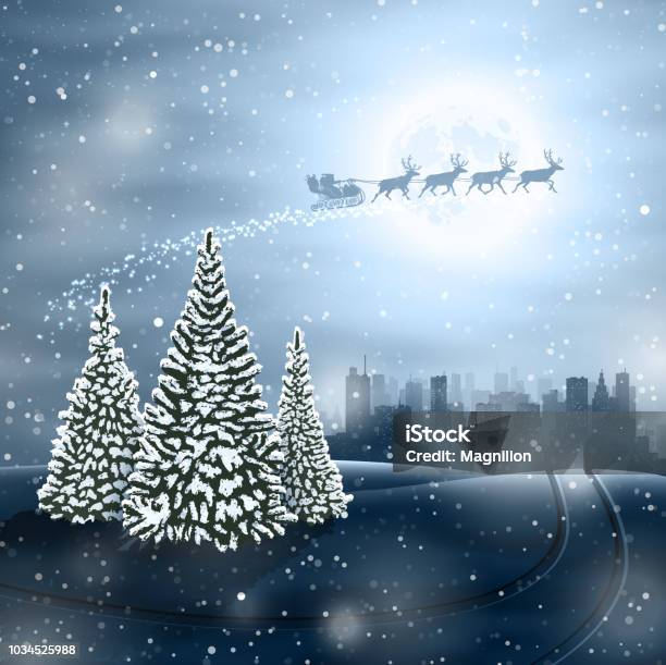 Christmas View With Santas Sleigh And City At Night Stock Illustration - Download Image Now