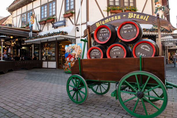 Blumenau - Brazil Blumenau, Santa Catarina, Brazil - September 07, 2018: View of an authentic beer festival decoration and the half-timbered architecture building at the villa 'Vila Germanica', same location where the Oktoberfest takes place in Blumenau, Santa Catarina state - Brazil half timbered photos stock pictures, royalty-free photos & images