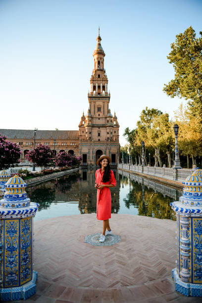 Elegant woman visiting Plaza de Espana, Sevilla