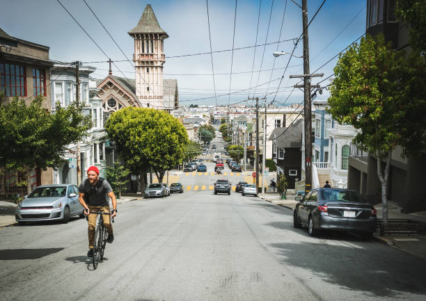 Commuter with road racing bicycle in San Francisco