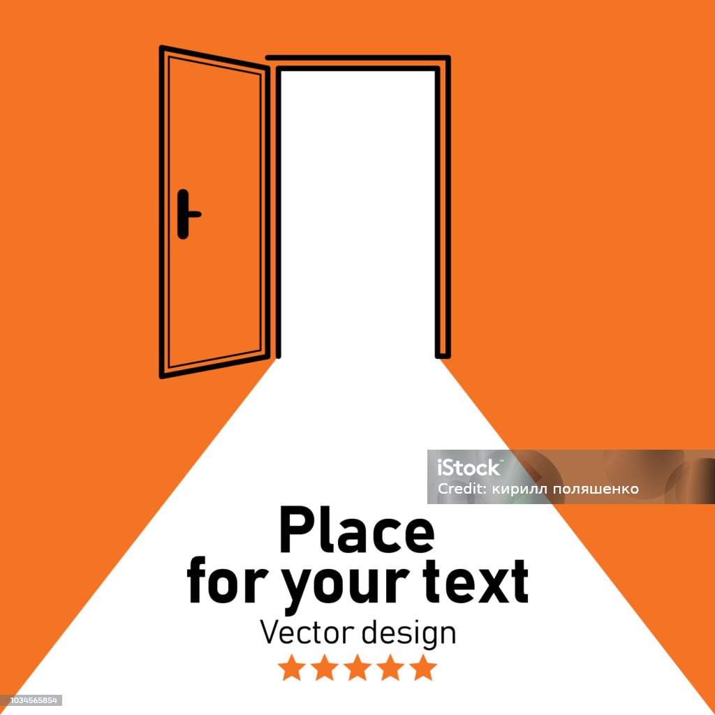 Cartoon vector illustration. Open door. Cartoon vector illustration.Place for your text. Flashlight icon. Emergency exit sign, warning icon.Escape sign. Open stock vector