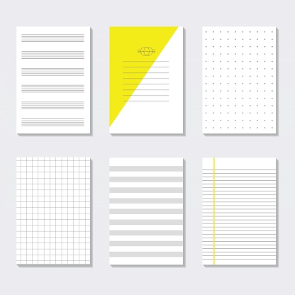 Blank assorted lined paper sheets and empty note papers set designs templates on gray background