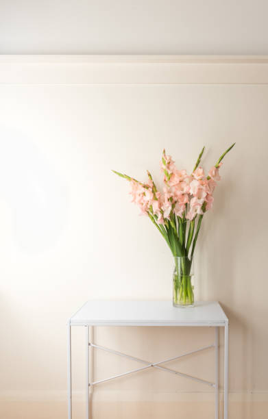 istock Pink gladioli flowers in glass vase on table 1034584252