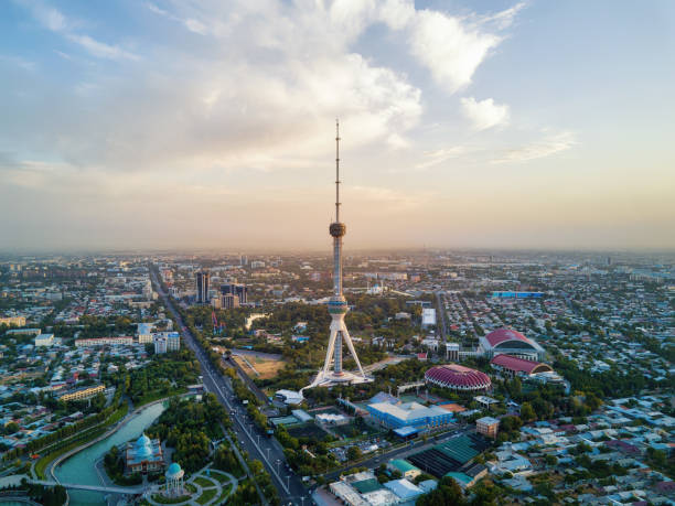 Tashkent TV Tower Aerial Shot During Sunset in Uzbekistan Tashkent TV Tower Aerial Shot During Sunset in Uzbekistan historical geopolitical location stock pictures, royalty-free photos & images