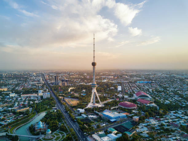 Tashkent TV Tower Aerial Shot During Sunset in Uzbekistan Tashkent TV Tower Aerial Shot During Sunset in Uzbekistan tashkent stock pictures, royalty-free photos & images