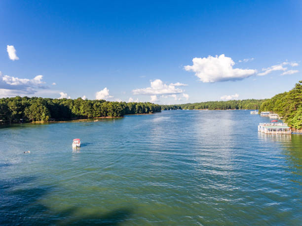 Aerial view of waterfront properties and boats in Lake Lanier stock photo