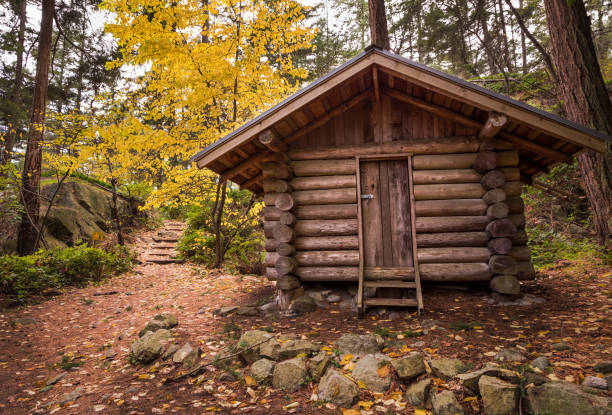 istock Log cabin in a forest in the fall. 1034604092