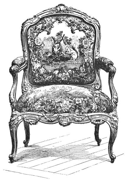 ilustrações de stock, clip art, desenhos animados e ícones de louis xv style armchair with beauvais tapestry of la fontaine's fables (1715-1774) - beauvais