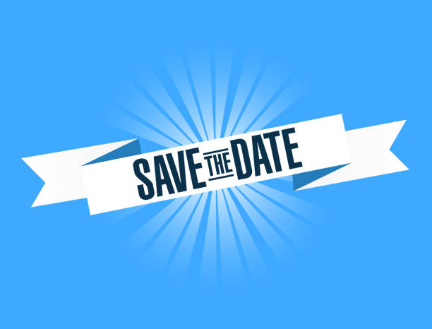 Save the date bright ribbon message Save the date bright ribbon message isolated over a blue background save the date font stock illustrations