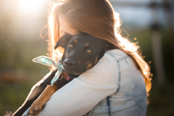 girl abrazándose su perro - ojos amarillos fotografías e imágenes de stock