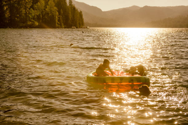 amigos y familiares jugando en una balsa inflable en un hermoso lago al atardecer - child inflatable raft lake family fotografías e imágenes de stock