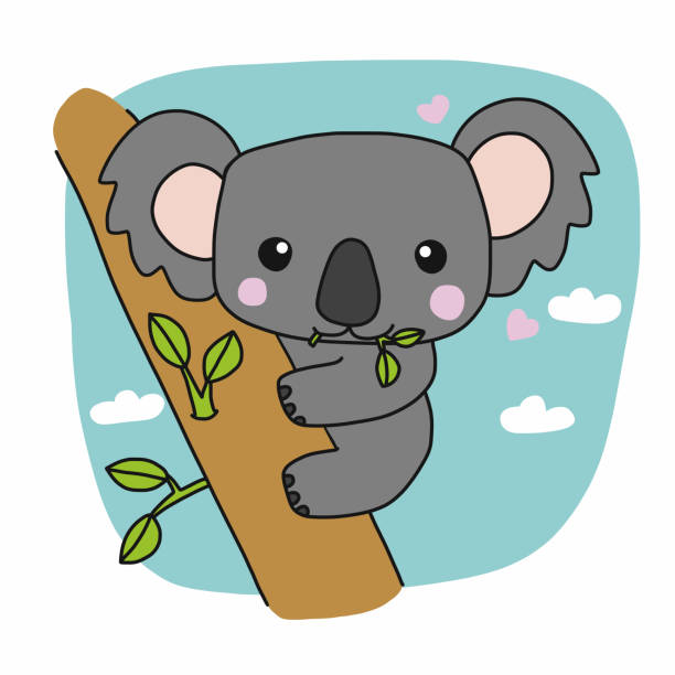 симпатичные коалы едят лист мультфильм вектор иллюстрации каракули стиль - koala animal love cute stock illustrations