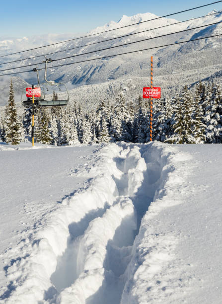 Tracks in the snow beside a ski area boundary sign. Tracks in the snow beside a ski area boundary sign ski patrol photos stock pictures, royalty-free photos & images
