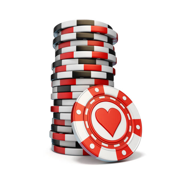 pila di chip da gioco d'azzardo e un chip red heart 3d - token gambling chip stack red foto e immagini stock