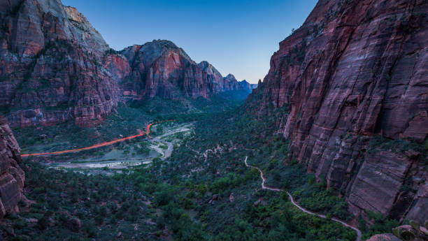 Panoramic view of scenic Zion Canyon in beautiful post sunset twilight at dusk, Zion National Park, Springdale, southwestern Utah, USA