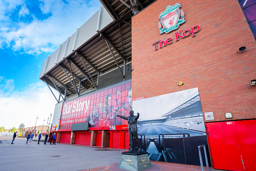 Liverpool, UK - May 17 2018: Statue of Bill Shankly in front of Anfield. He's the manager who brings Liverpool to 1st division in 1962 and rebuilt the team into fame in English and European football