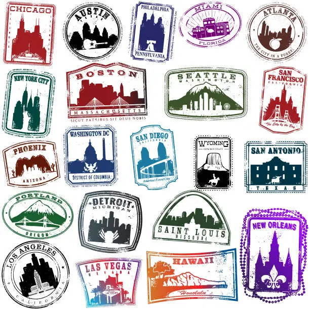 Vector illustration of American Travel Stamps