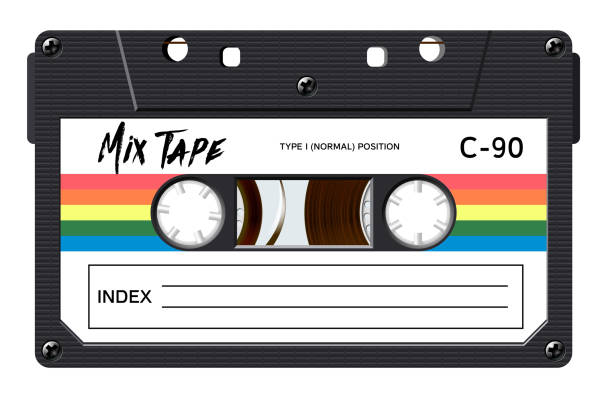 Cassette with retro label as vintage object for 80s revival mix tape design Cassette with retro label as vintage object for 80s revival mix tape design, party poster or cover. Realistic vector sign or icon mixtape stock illustrations