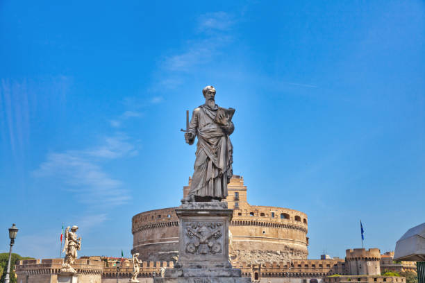 Saint Paul Statue standing in front of Castel Sant'angelo in Rome stock photo