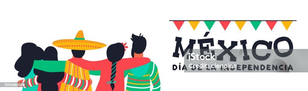 Mexico independence day banner of friends at party Mexico happy independence day illustration background with Spanish quote. Mexican diverse friends people group in typical clothes hugging together for september 16 national event celebration. Independence Day - Holiday stock vector