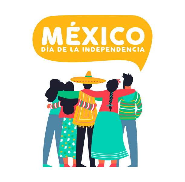Mexico independence day card of mexican friends Mexico happy independence day illustration background. Mexican diverse friends people group hugging together for september 16 national event celebration. Eps 10 vector. hispanic family stock illustrations
