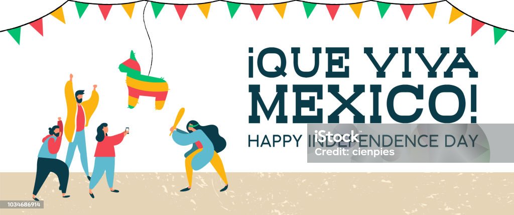 Mexico Independence banner of mexican pinata party Mexico independence day web banner illustration. Young men and women people group at traditional Mexican party with pinata. EPS10 vector. Adult stock vector