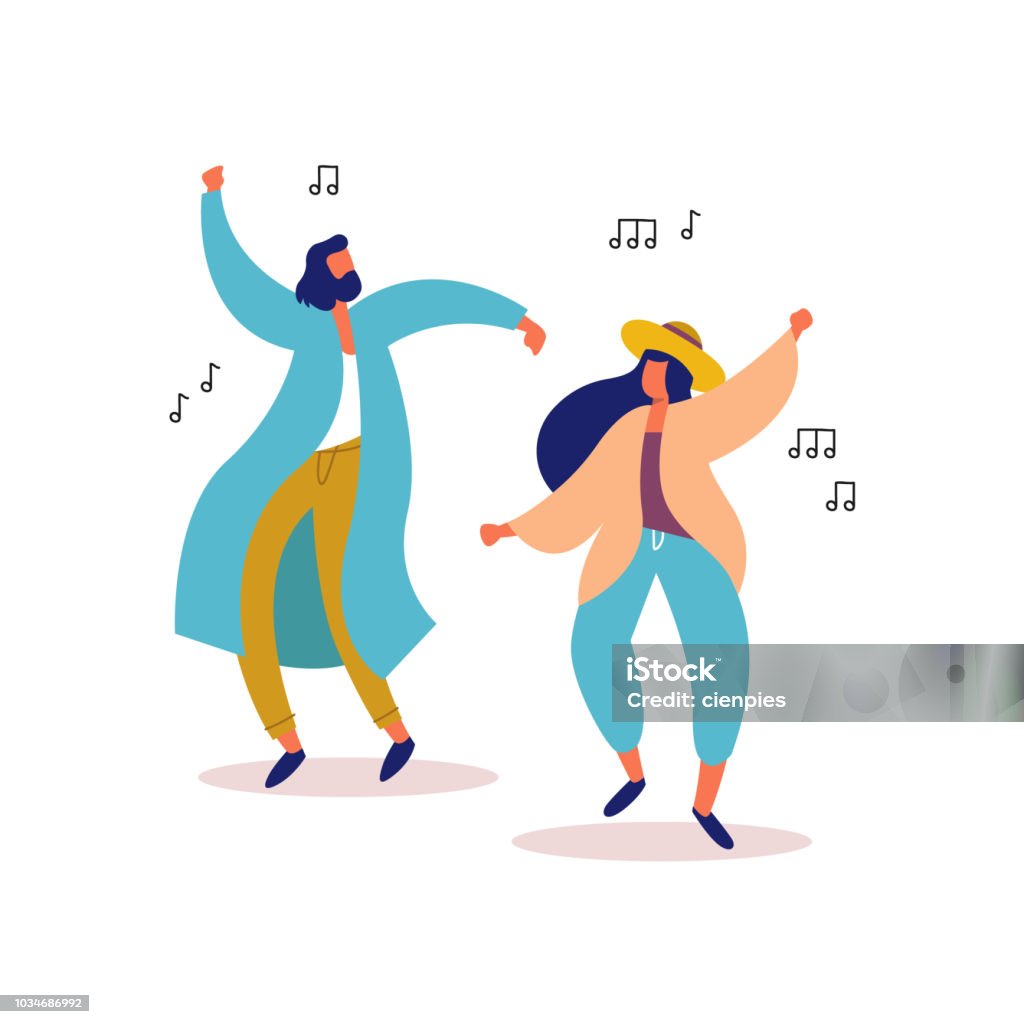 Young man and woman friends dancing to party music Young man and woman friends dancing together to party music on isolated background. Stylish people at festival event, outdoor concert or club dance floor. EPS10 vector. Dancing stock vector