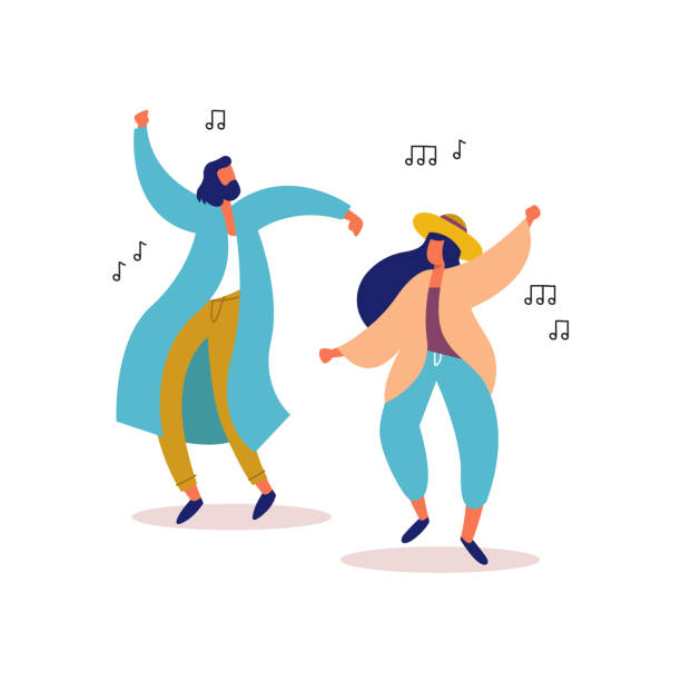 Young man and woman friends dancing to party music Young man and woman friends dancing together to party music on isolated background. Stylish people at festival event, outdoor concert or club dance floor. EPS10 vector. music festival illustrations stock illustrations