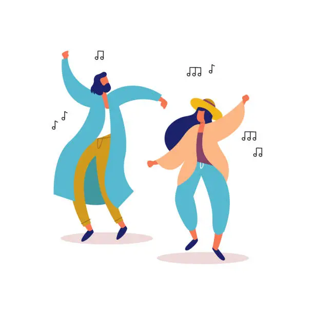 Vector illustration of Young man and woman friends dancing to party music