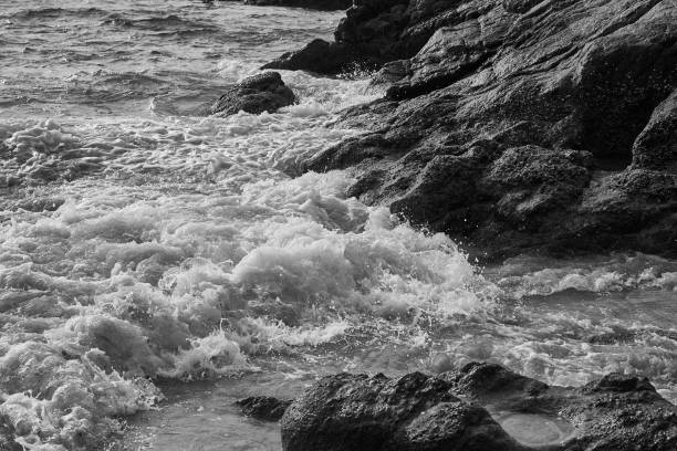 istock wave and rock in black and white 1034696570