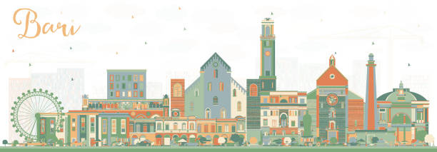 illustrazioni stock, clip art, cartoni animati e icone di tendenza di skyline della città di bari italia con edifici a colori. - bari
