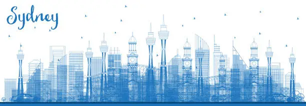 Vector illustration of Outline Sydney Australia Skyline with Blue Buildings.