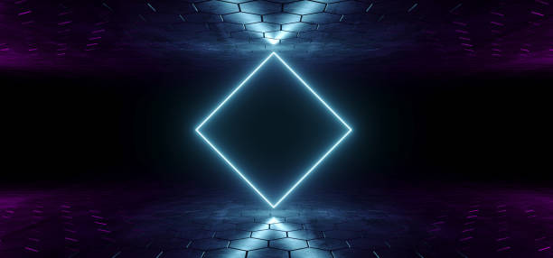 istock Futuristic Sci-Fi Blue Glowing Neon Tube Rectangle Shaped Lights In Dark Room With Hexagon Shaped Floor And Ceiling With Empty Space Wallpaper 3D Rendering 1034702534
