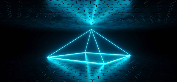 futuristische sci-fi blau leuchtenden neon röhre pyramide geformt objekt lichter im dunklen raum mit hexagon-förmigen boden und decke mit leerraum wallpaper 3d rendering - pyramid shaped stock-fotos und bilder