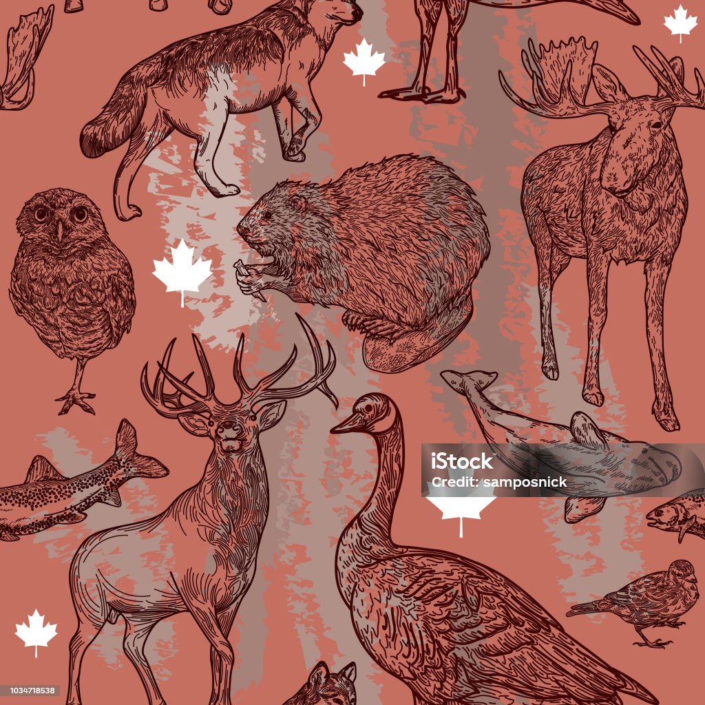 Canadiana Wildlife Seamless Pattern Super Canadian wildlife seamless pattern! Full of animals that are symbolic to Canada. Global colours, easy to edit, a great seamless tile for fabric, backgrounds, whatever! Canada Goose stock vector