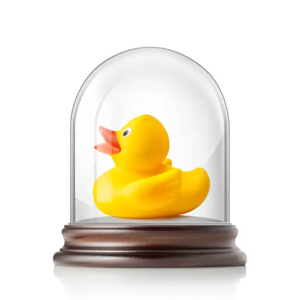 Rubber duck in glass bell jar.
