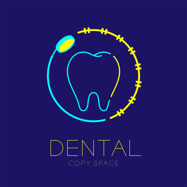 Dental clinic logo icon tooth with mouth mirror and braces circle frame outline stroke set illustration dash line design isolated on dark blue background with dental text and copy space Dental clinic logo icon tooth with mouth mirror and braces circle frame outline stroke set illustration dash line design isolated on dark blue background with dental text and copy space dentist logos stock illustrations