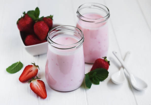 istock Jars with strawberry yogurt 1034724790