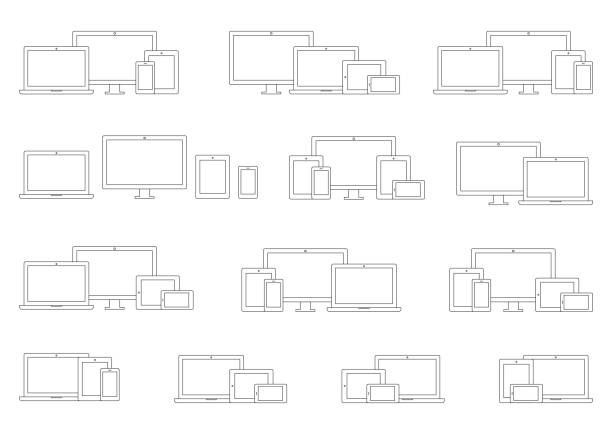 Technology Devices; Laptop, Computer Monitor, TV, Tablet, Smartphone Wireframe Icon Sets Vector Technology Devices; Laptop, Computer Monitor, TV, Tablet, Smartphone Wireframe Icon Sets website wireframe illustrations stock illustrations