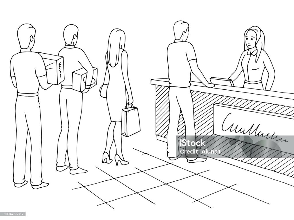 Shop graphic black white sketch illustration vector. People waiting in line queue Waiting In Line stock vector