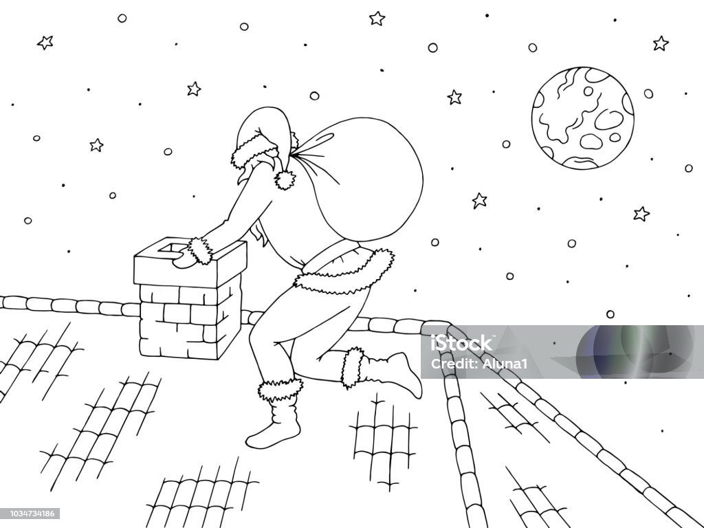 Roof graphic black white sketch illustration vector. Santa Claus climbs into the chimney Christmas stock vector