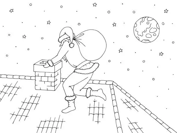 Vector illustration of Roof graphic black white sketch illustration vector. Santa Claus climbs into the chimney