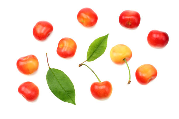istock red and yellow cherry with green leaf isolated on white background. Top view 1034734692