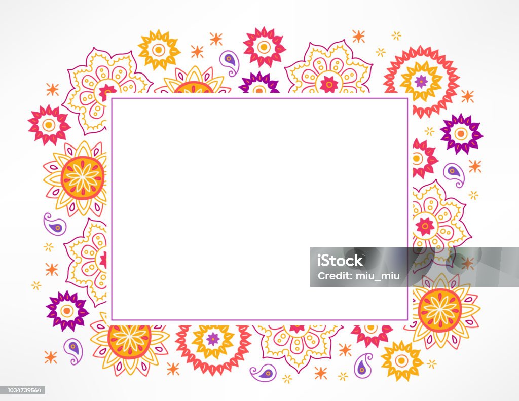 Diwali greeting card with paisley, mandala, stars and rectangle label Diwali greeting card with paisley, mandala, stars and rectangle blank label with copy space. Perfect for festival of lights and holiday invitations. Diwali stock vector