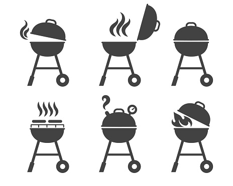 Barbeque grill icons. Vector bbq and grilling symbols, brazier and roaster silhouettes