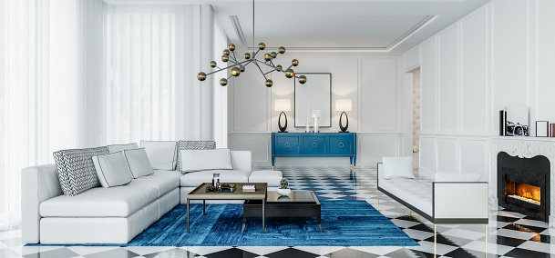 modern interior design living room with blue accents and black and white tiles